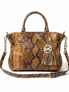 Michael Kors Brown Snake-Print Shoulder Bag with Tassel Charm